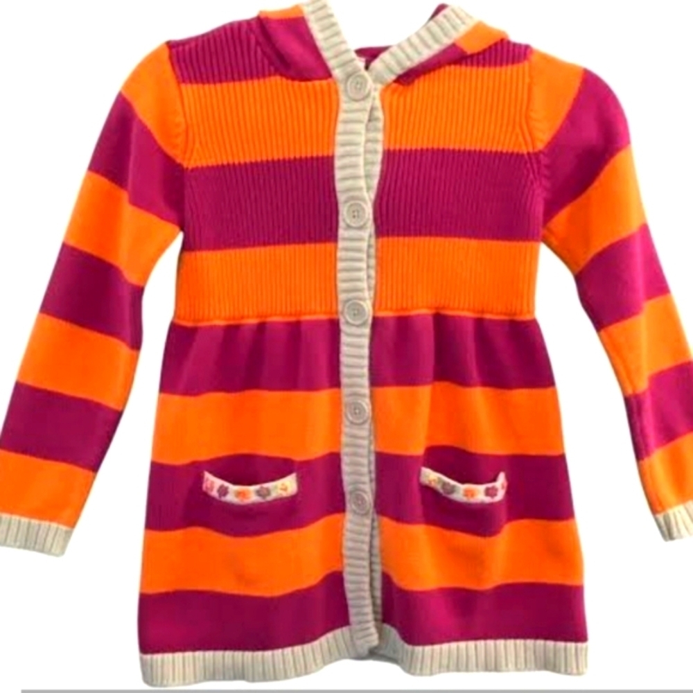 Hanna Anderson Cotton Magenta & Orange Striped Hooded Button Front Cardigan 8